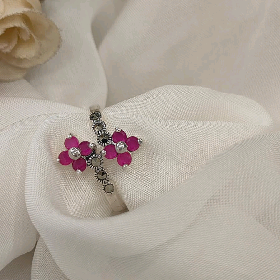 Pink Floral Marcasite Ring 